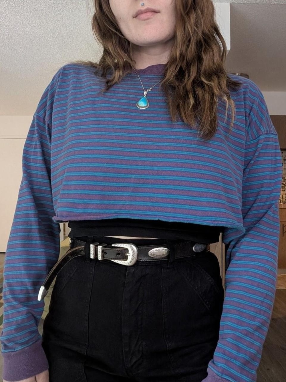 BDG Striped Teal & Purple Cropped Long-Sleeve Top